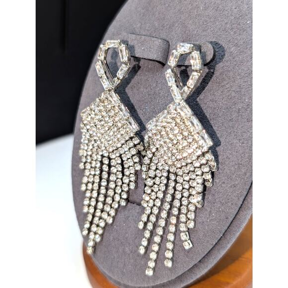 Rhinestone Fringe Dangle Round & Baguette Pierced Earrings - Picture 2 of 6